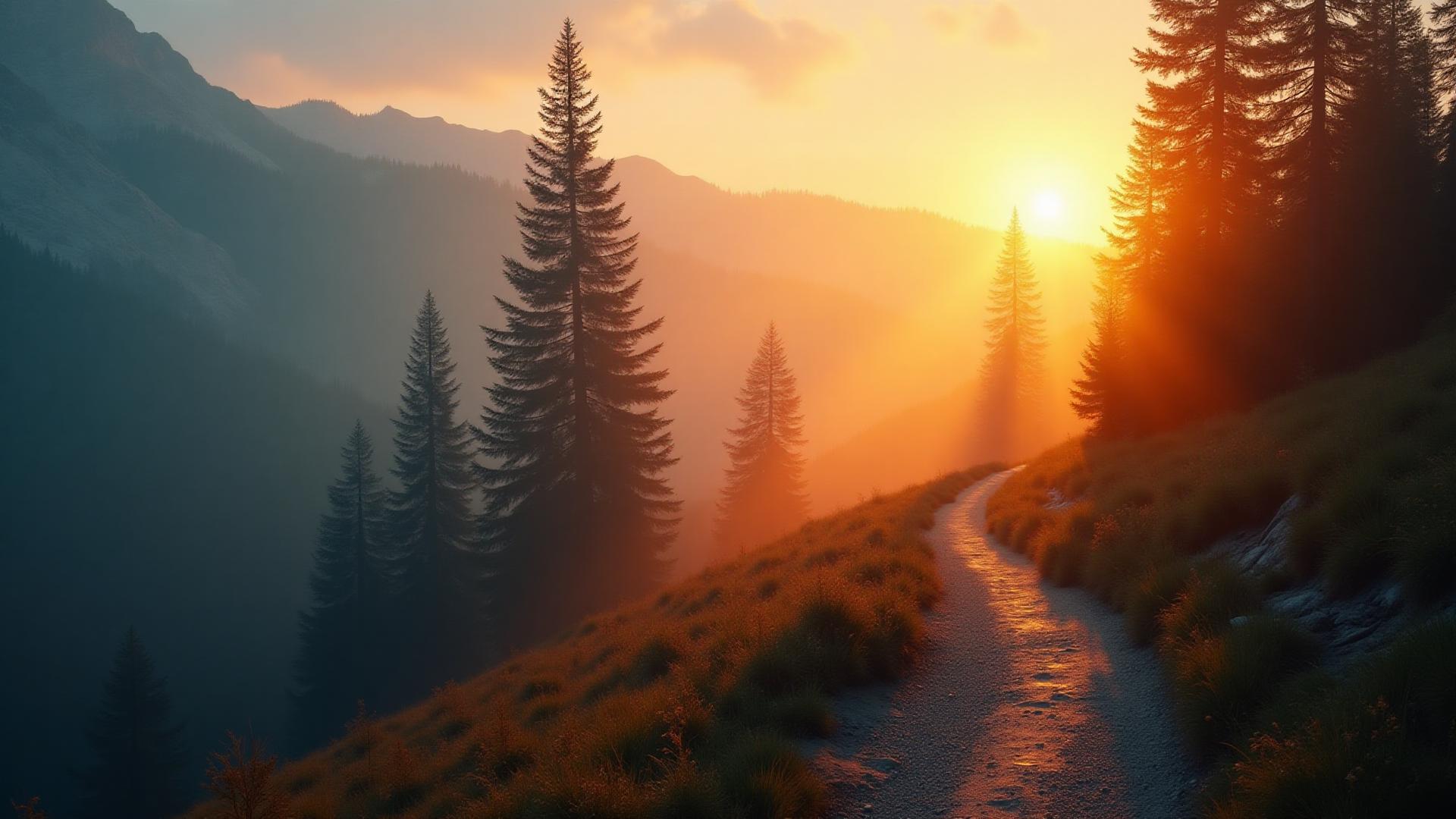 Misty mountain trail at golden hour with pine trees silhouetted against sunset