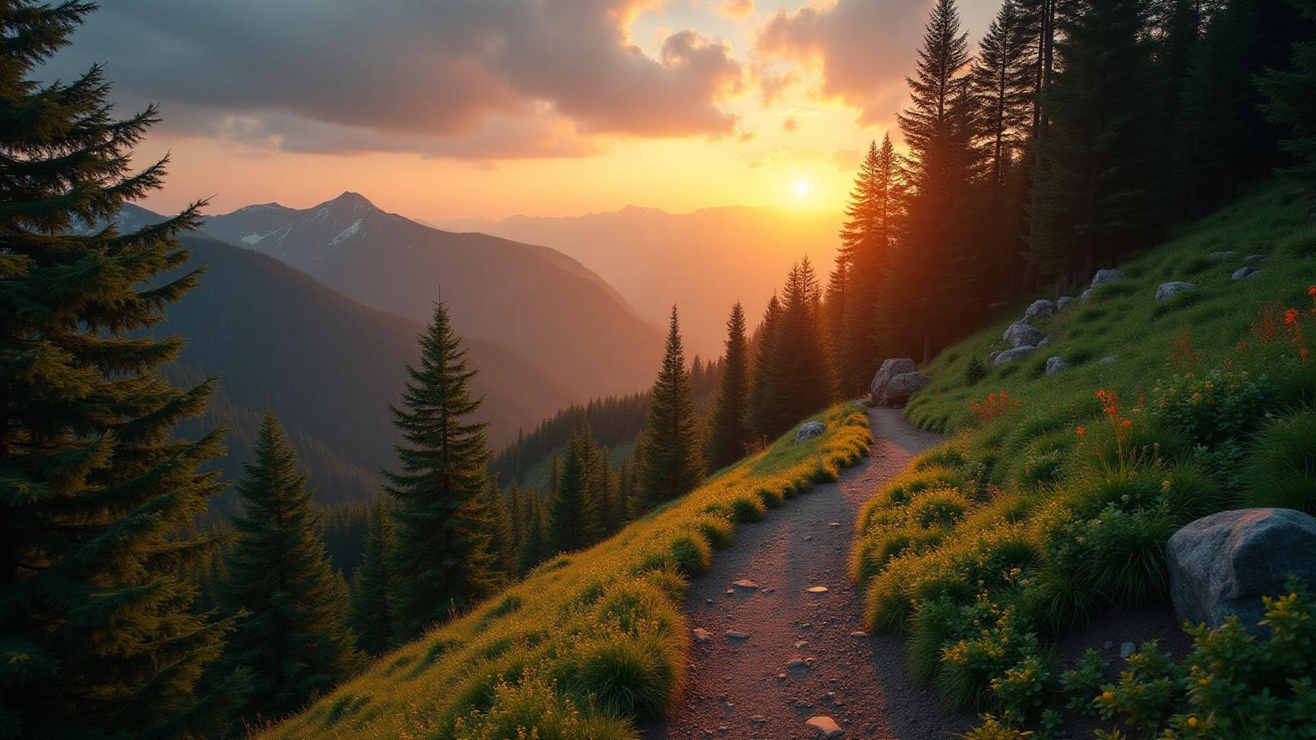 Scenic mountain hiking trail at golden hour